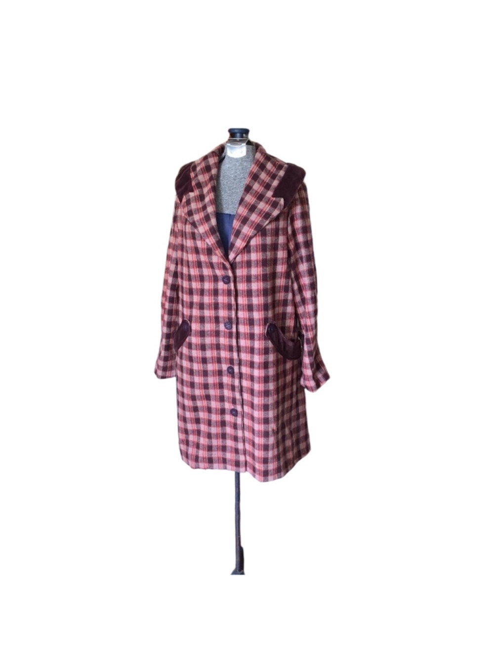 April Cornell Plaid Coat, Size large, burgundy and Brown wool blend